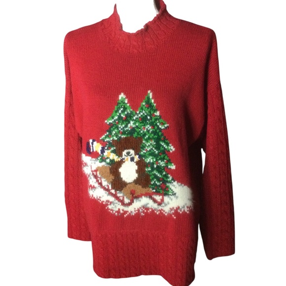 Vintage 1996 Marisa Christina Red Christmas Sweater Holiday Bear Size Medium - Picture 1 of 14